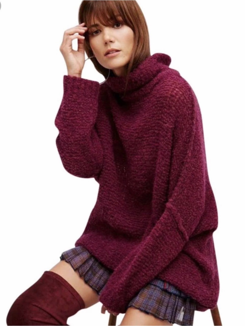 Free People Oversized Cowlneck Sweater in Deep Wine